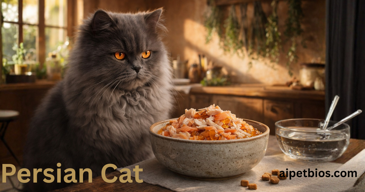 Fluffy grey Persian cat near food bowl