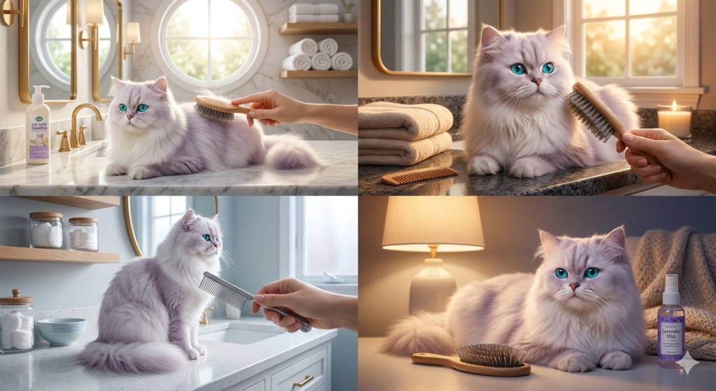 Persian cat being groomed in various settings