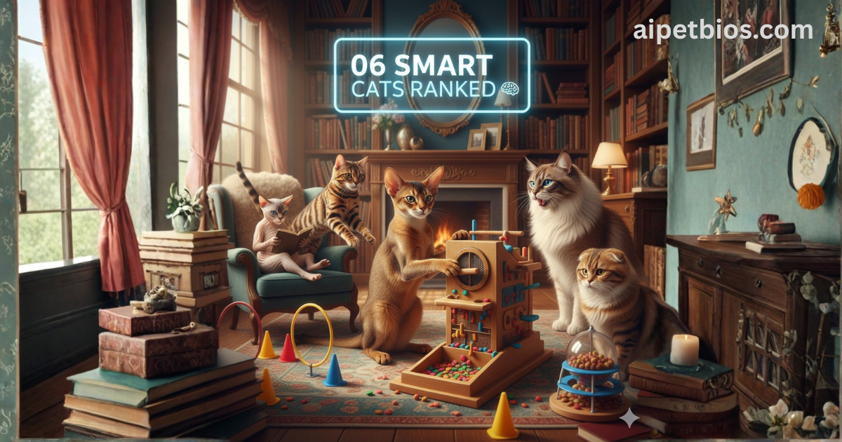 "A whimsical digital illustration of six intelligent cat breeds in a cozy, sunlit library. In the center, an Abyssinian cat operates a wooden puzzle feeder while a Sphynx cat sits in a teal armchair reading a book. Other cats, including a Bengal and a Maine Coon, watch curiously. The room features classic bookshelves, a fireplace, and a glowing neon sign that reads '06 SMART CATS RANKED'."