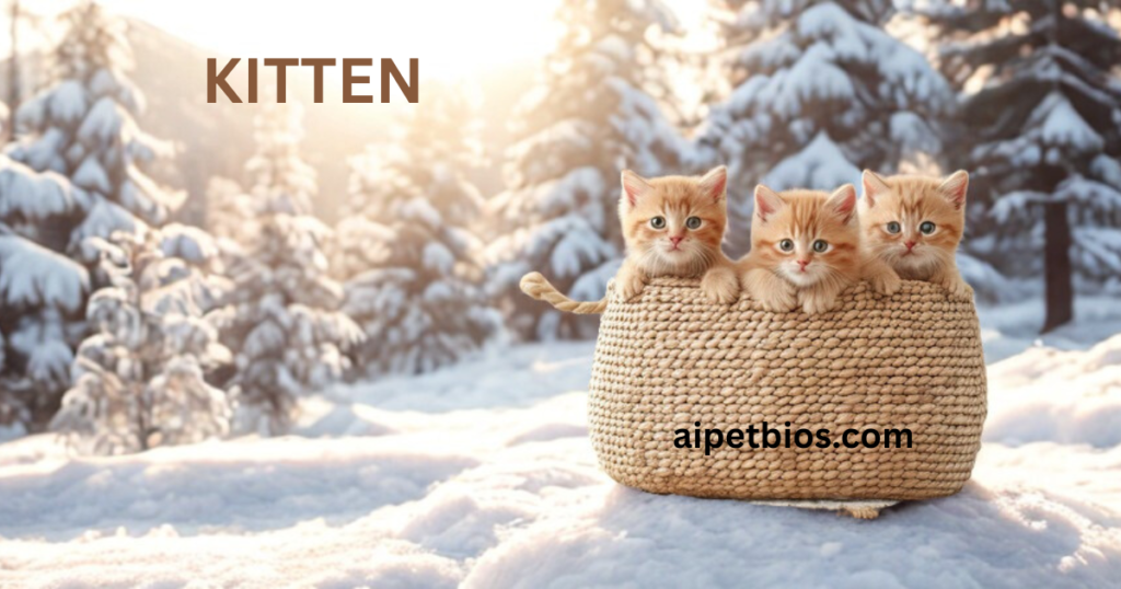 Three ginger kittens sitting inside a woven basket placed in a snowy landscape with snow-covered evergreen trees and bright sunlight in the background.