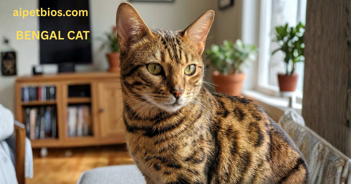 A Bengal cat with orange and black spotted fur sitting in a sunlit living room. Professional photography with a shallow depth of field.