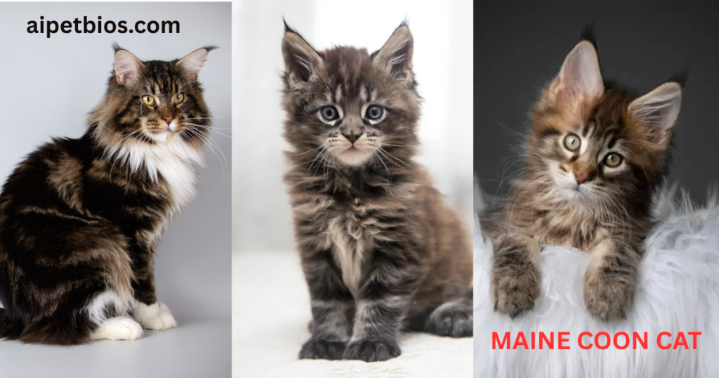 "A collage of three images featuring Maine Coon cats. On the left, a regal adult Maine Coon with brown tabby and white fur sits in profile. In the center, a fluffy dark-grey Maine Coon kitten looks directly forward with wide eyes. On the right, a brown tabby kitten tilts its head while resting on a white fluffy surface. All three cats showcase the breed's signature tufted ears and thick coats."