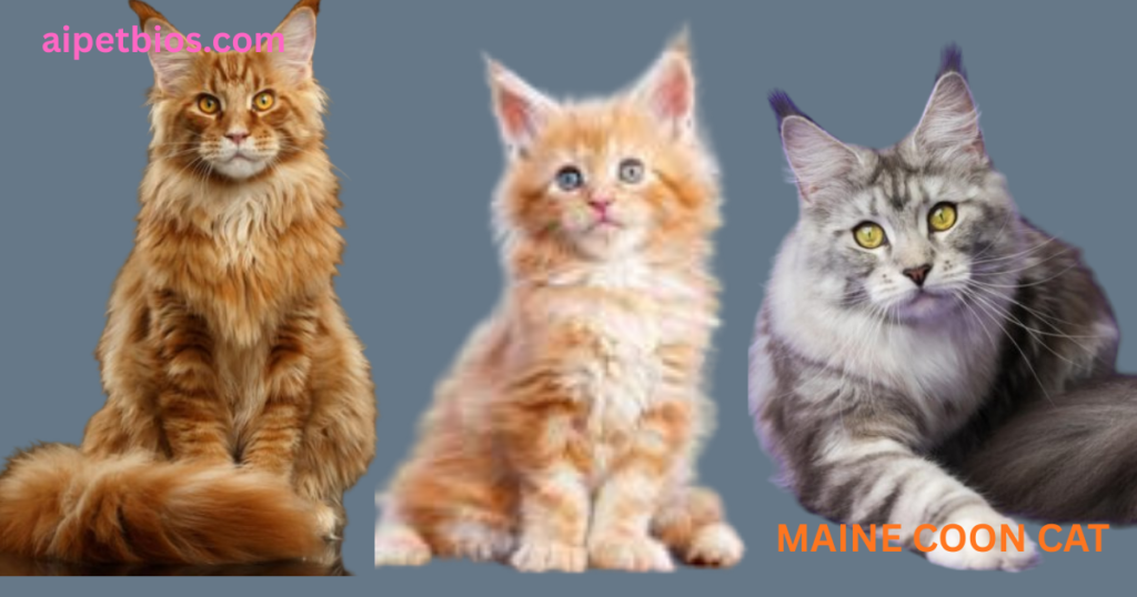 For the Trio Image: "A horizontal collage of three Maine Coon cats against a grey background. It features a large, seated ginger adult with a bushy tail, a small orange kitten in the center, and a silver tabby lying on the right. Each cat has prominent ear tufts and thick, luxurious fur."

For the Golden Portrait: "A dramatic, warm-toned close-up of a ginger Maine Coon cat looking towards the right. The lighting emphasizes its thick orange fur, long white whiskers, and pointed ear tufts against a dark, shadowed background."