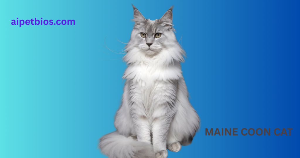 Majestic Silver Smoke Maine Coon cat with thick white fur and lynx-tipped ears sitting against a blue gradient background.
