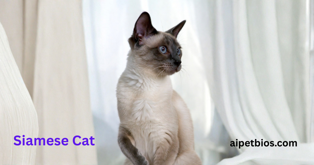 A Siamese cat with striking blue eyes and a sleek cream and brown coat, posed elegantly against a light background.