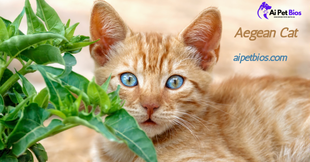 Ginger Aegean Cat with striking blue eyes peeking from behind green leaves. Text: "Aegean Cat aipetbios.com" with logo.