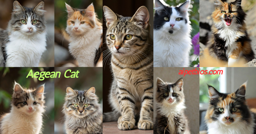 An orange tabby Aegean Cat with bright blue eyes peeks from behind green leaves. Text: "Aegean Cat aipetbios.com" with a logo.
A collage of nine Aegean cats and kittens showcasing various coat patterns including tabby, calico, and bicolor. Text: "Aegean Cat aipetbios.com".