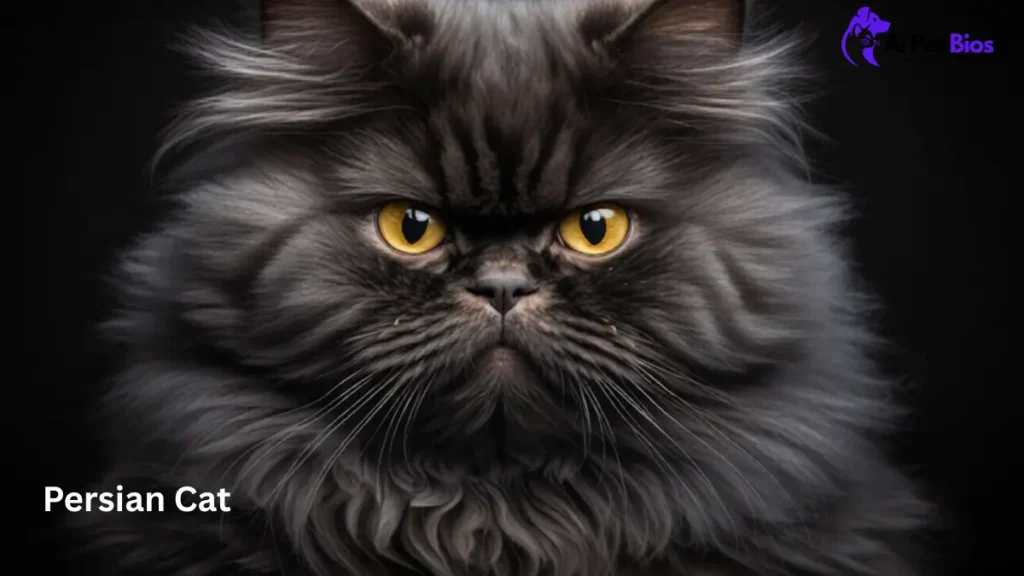 "Close-up portrait of a majestic dark grey Persian cat with piercing yellow eyes against a black background."
