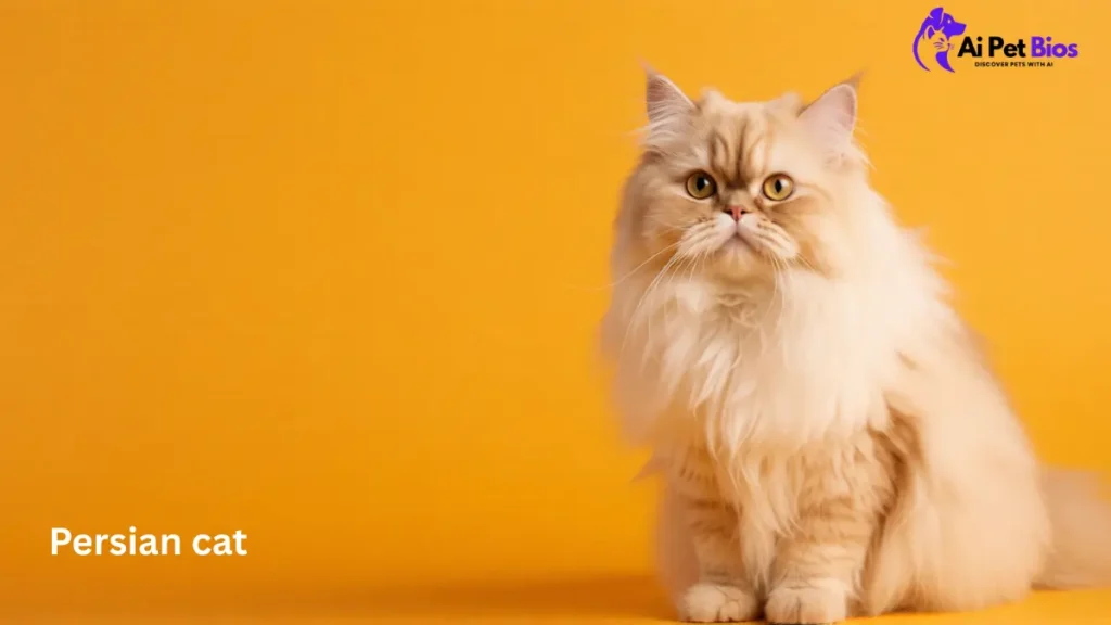 "A fluffy cream Persian cat sitting gracefully against a solid bright orange background with ample negative space to the left."