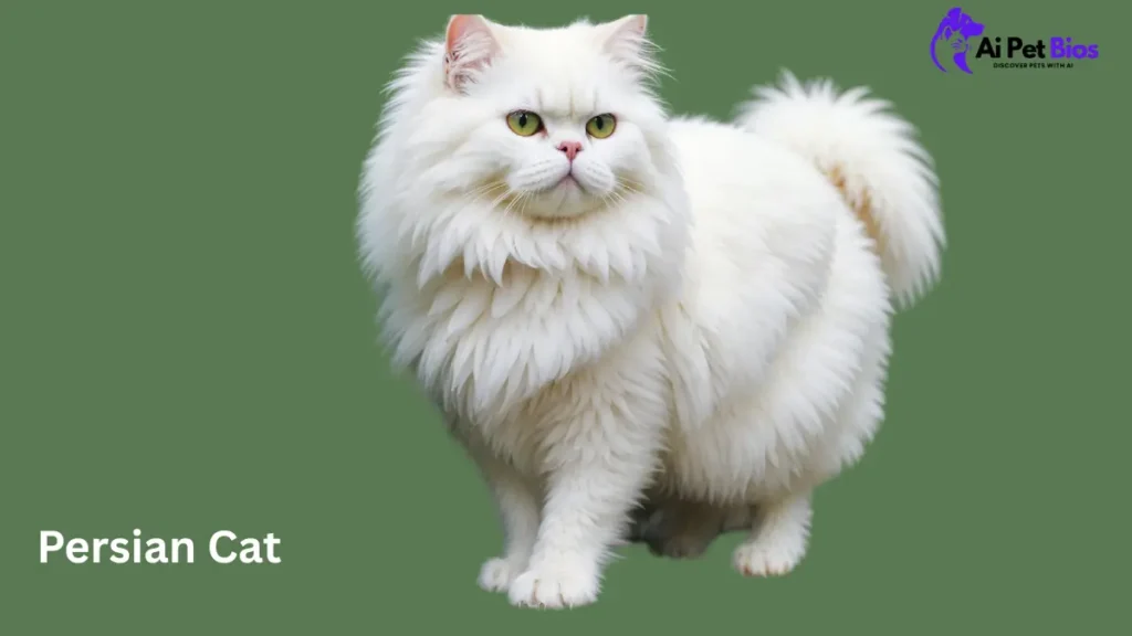 "A majestic white Persian cat standing against a muted green background, showcasing its voluminous coat and expressive face."