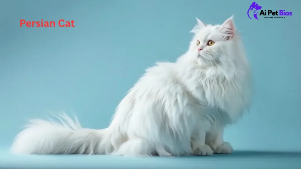 "Side view of a stunning white Persian cat with copper eyes and a fluffy tail, set against a calm light blue background."