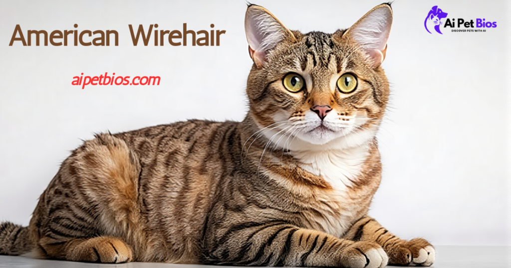 A brown and white tabby American Wirehair cat with yellow eyes standing against a split black and grey background. Text: "American Wirehair," "aipetbios.com," and the "Ai Pet Bios" logo.