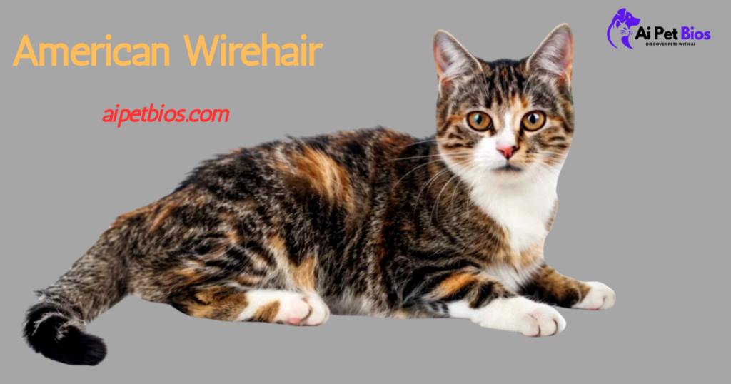 An American Wirehair cat with a calico and tabby patterned coat lies against a gray background. Text: "American Wirehair," "aipetbios.com," and "Ai Pet Bios" logo.