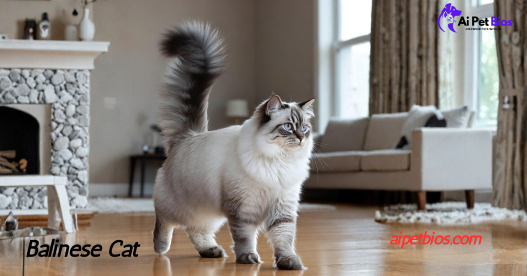 A Balinese cat with a fluffy, upright tail walks across a living room. Text: Balinese Cat, aipetbios.com.