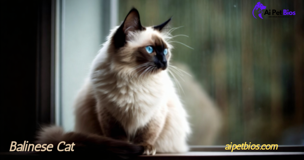 A long-haired Balinese cat with striking blue eyes and dark points looks out a window. Text: Balinese Cat, aipetbios.com.