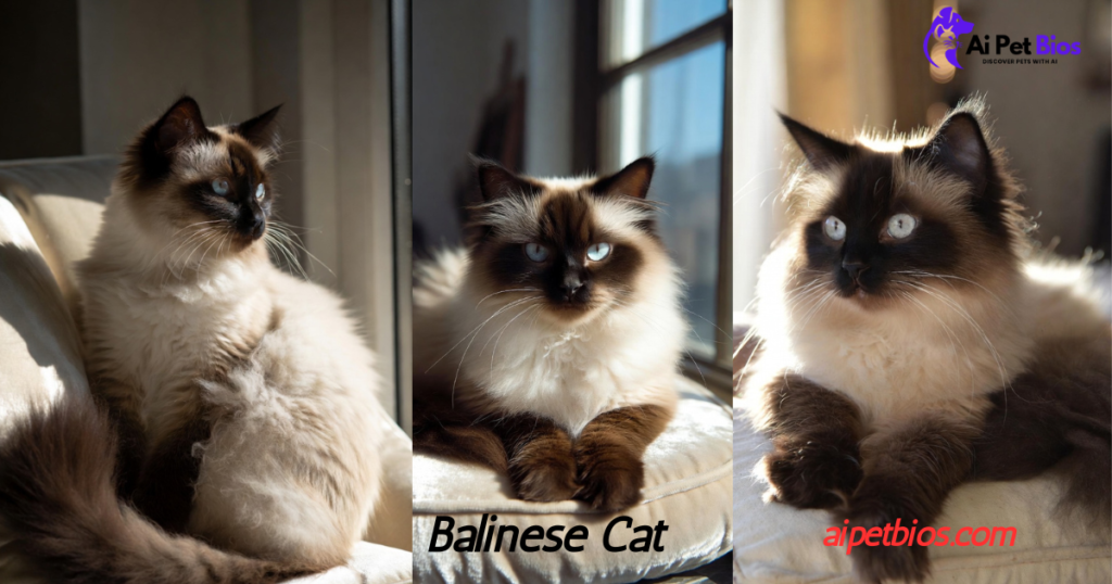Three side-by-side portraits of a Balinese cat with dark points and blue eyes. Text: Balinese Cat, aipetbios.com.