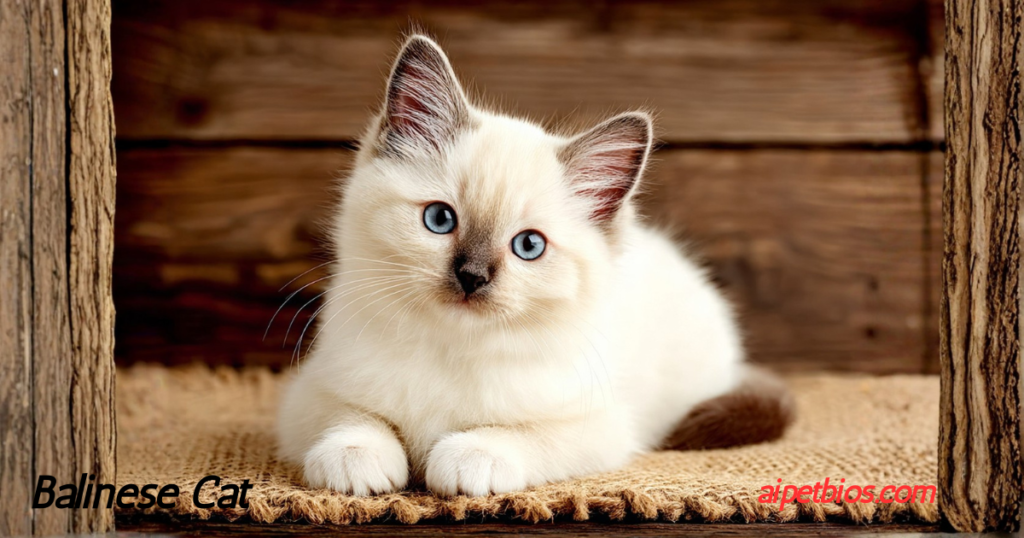 A fluffy Balinese kitten with light blue eyes and a dark nose lies on a textured mat. Text: Balinese Cat, aipetbios.com.