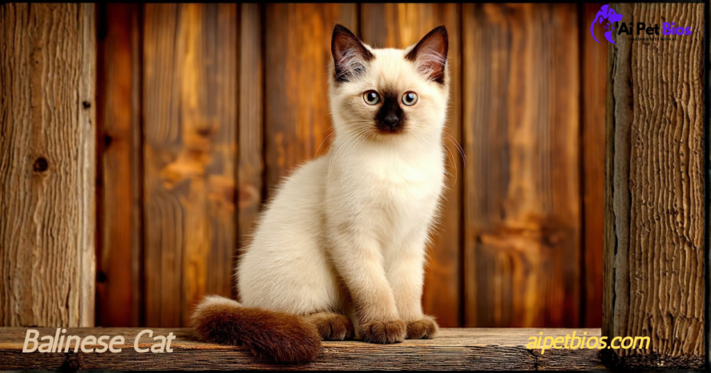 A Balinese kitten with cream fur and chocolate points sits against a rustic wooden background. Text: Balinese Cat, aipetbios.com.