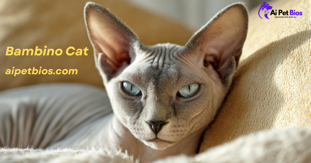Close-up of a hairless Bambino cat with striking blue eyes and large ears. Text overlays: "Bambino Cat" and "aipetbios.com."