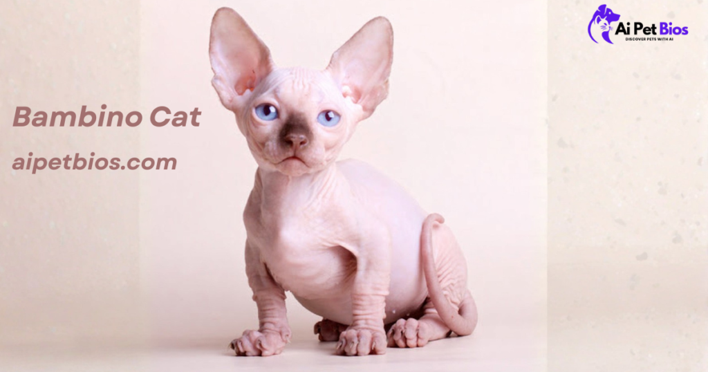 A hairless pink Bambino kitten with blue eyes and a dark nose sitting against a light background. Text overlays read "Bambino Cat" and "aipetbios.com".