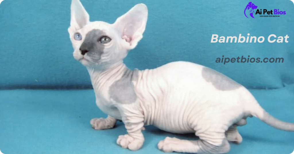 White hairless Bambino cat with grey patches on its face and back, featuring heterochromia (one blue eye, one green eye), standing on a turquoise surface. Text overlays: "Bambino Cat" and "aipetbios.com".