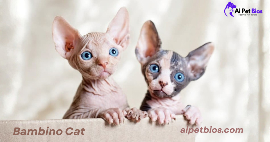 Two hairless Bambino kittens with bright blue eyes peeking over a cardboard edge. Text: "Bambino Cat" and "aipetbios.com."