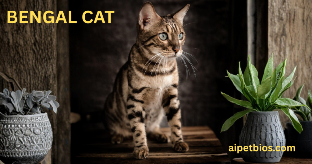A Bengal cat with a golden and black coat sitting between two indoor plants in a dimly lit, rustic setting. High-contrast photography focusing on the cat's alert expression.