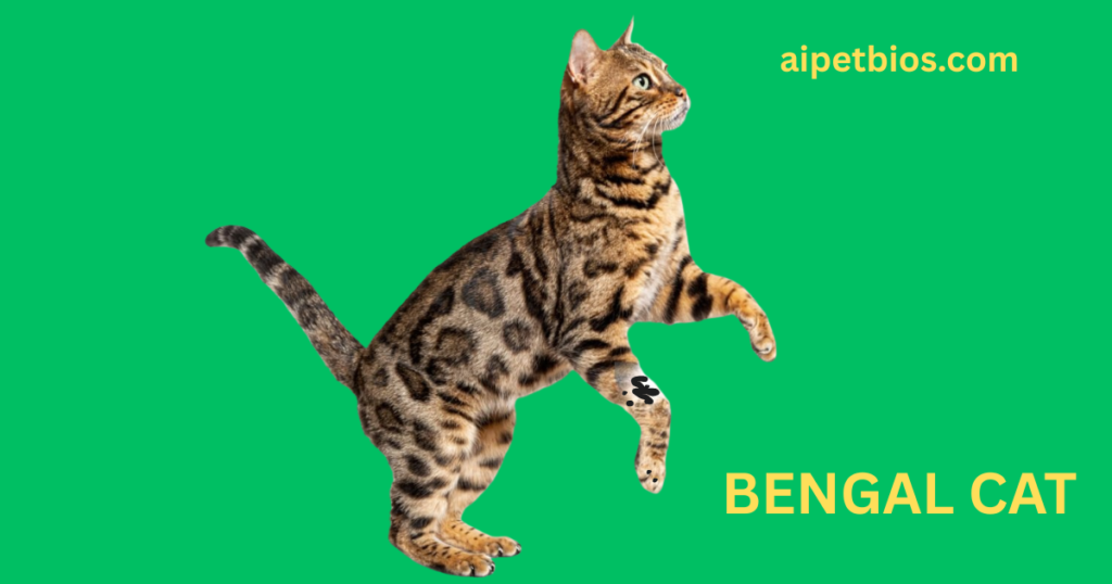 A golden Bengal cat in a playful leaping pose against a solid green backdrop.