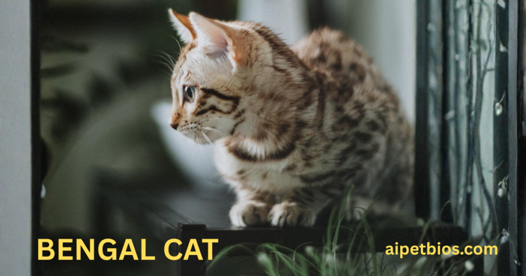 A professional portrait of a Bengal cat with a striking blackish-gold coat and dark horizontal stripes. The cat is sitting attentively on a rustic wooden surface, framed by two decorative potted plants. The lighting is moody and dramatic, with a dark, textured background that emphasizes the cat's light green eyes and sleek fur.