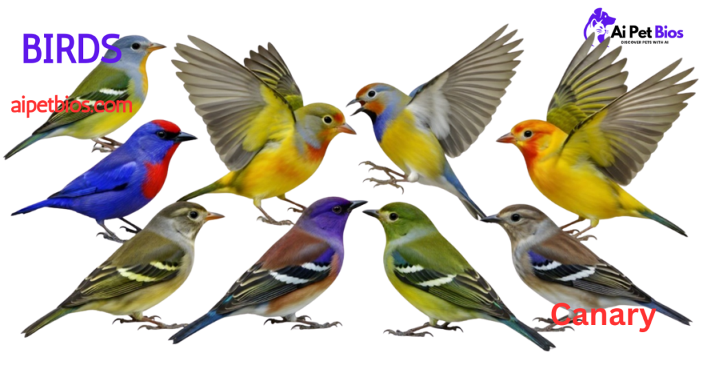 A collection of colorful finch-like birds in various poses on a white background with the text BIRDS, aipetbios.com, and Canary.