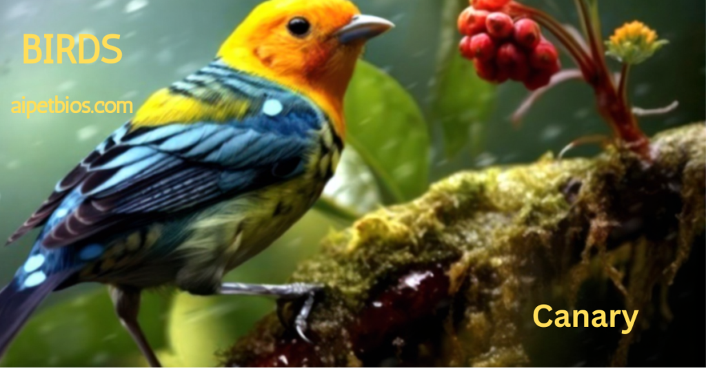 A small, brightly colored bird with a yellow head and blue-patterned wings perched on a mossy branch in the rain.
