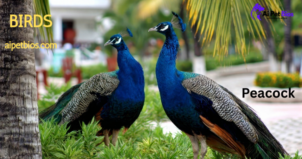 Two vibrant blue peacocks standing in a garden with palm trees, featuring the text BIRDS, aipetbios.com, and Peacock.