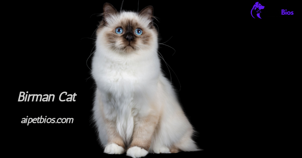 A Birman cat with striking blue eyes and a dark face mask sits against a black background. Text reads "Birman Cat" and "aipetbios.com".