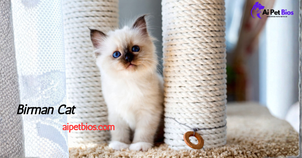 A fluffy Birman kitten with bright blue eyes sits between two scratching posts. Text reads "Birman Cat," "aipetbios.com," and "Ai Pet Bios DISCOVER PETS WITH AI."