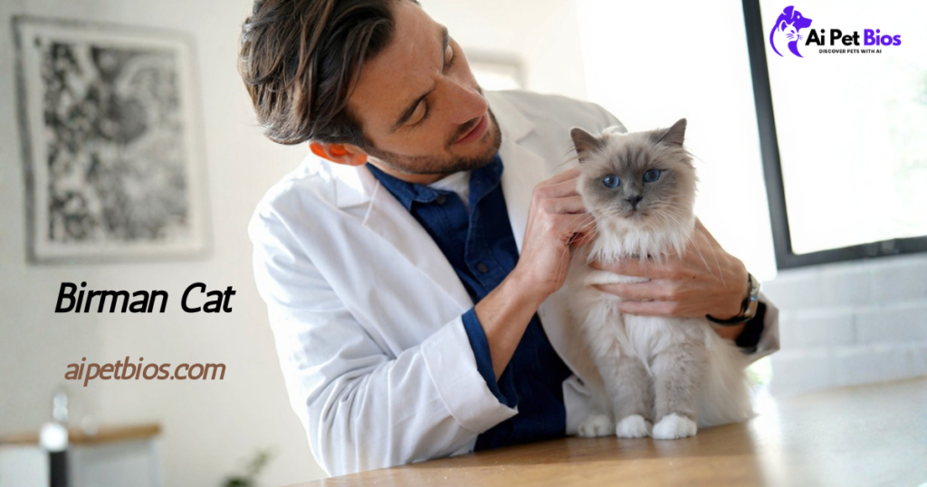 A veterinarian in a white lab coat and blue shirt carefully examines a Birman cat with blue eyes on a wooden table. Text in the image includes "Birman Cat," "aipetbios.com," and "Ai Pet Bios DISCOVER PETS WITH AI."