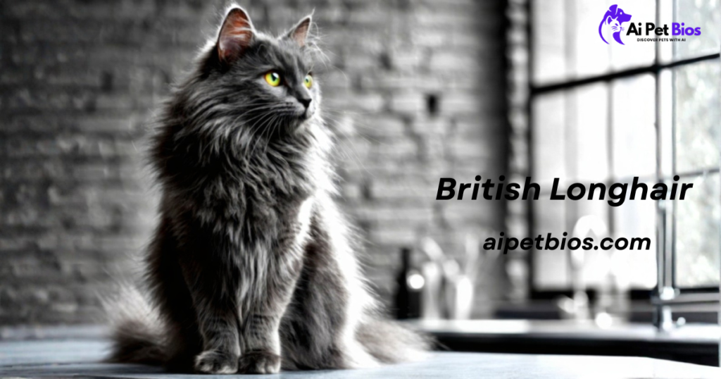 A fluffy, dark grey British Longhair cat with bright yellow-green eyes sits on a countertop in a kitchen with a grey brick wall. Text: British Longhair aipetbios.com.