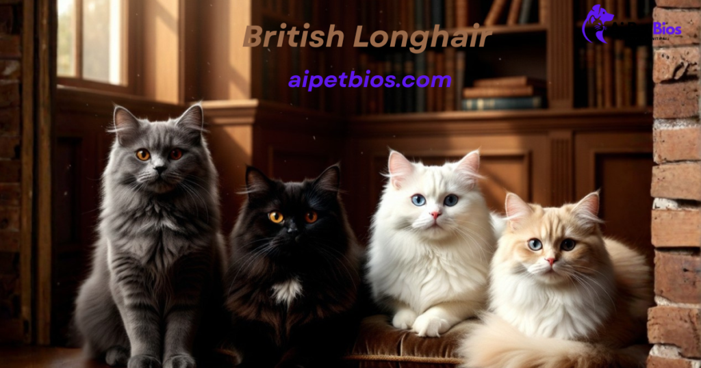 Four fluffy British Longhair cats in grey, black, white, and golden colors sit in a wood-paneled library. Text: British Longhair aipetbios.com