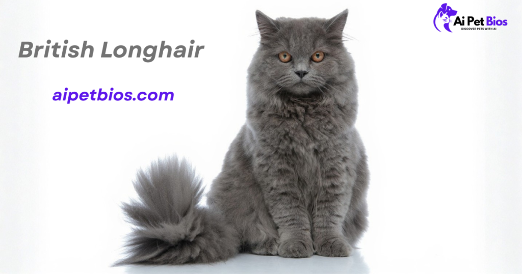 A fluffy, grey British Longhair cat with copper eyes sits against a white background. Text: British Longhair aipetbios.com.
