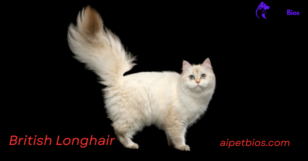 A fluffy, cream-white British Longhair cat with blue eyes and a large, plumed tail stands against a solid black background. Text: British Longhair aipetbios.com.