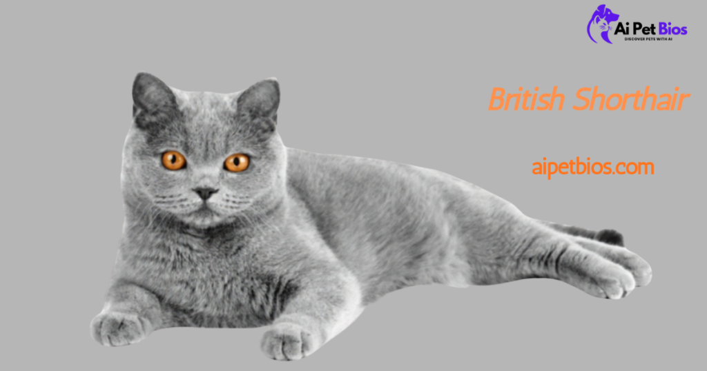 An adult grey British Shorthair cat with bright orange eyes lies against a solid grey background. To the right, orange text reads "British Shorthair" and "aipetbios.com," with the "Ai Pet Bios" logo in the top right corner.
