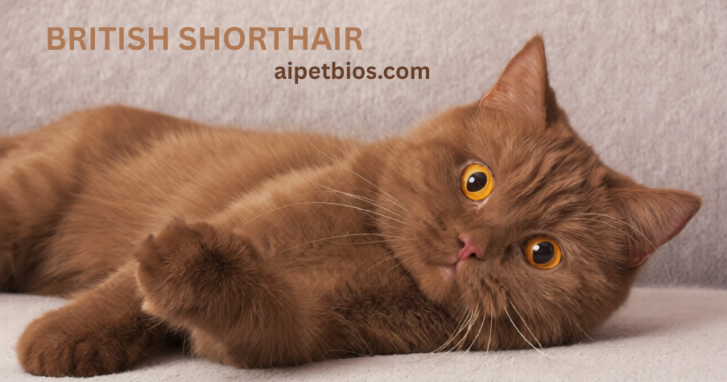 A close-up horizontal image of a chocolate-brown British Shorthair cat lying on its back on a light grey textured surface. The cat has striking, bright orange-amber eyes and a thick, velvety coat. The words "BRITISH SHORTHAIR" are written in a light brown font in the upper left corner, with the URL "aipetbios.com" appearing smaller and in a darker brown shade directly beneath it.
