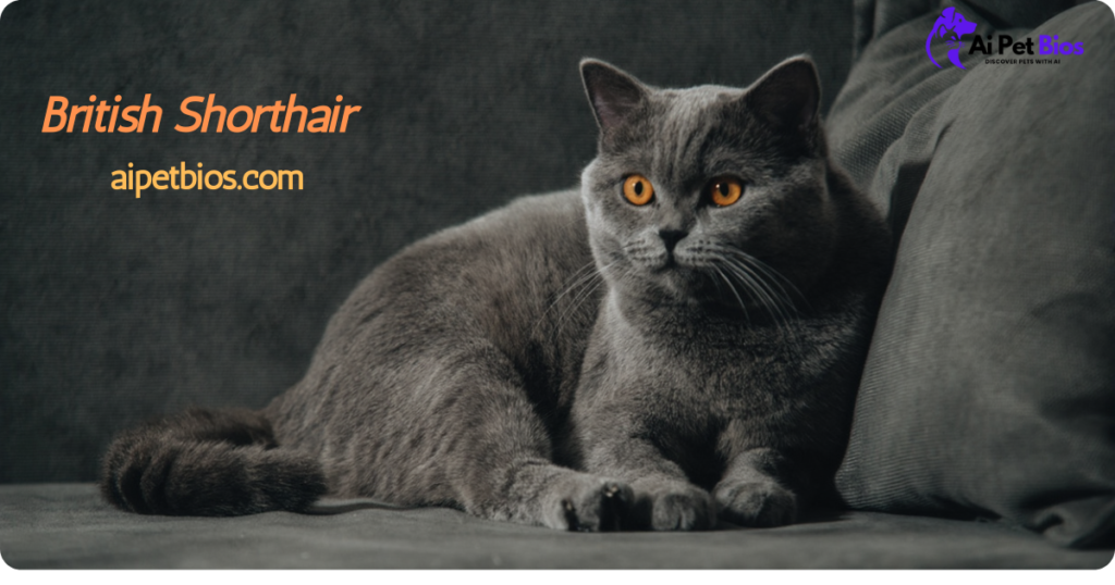 A dark grey British Shorthair cat with striking orange eyes lies on a grey sofa. Orange text on the left reads "British Shorthair" and "aipetbios.com," with an "Ai Pet Bios" logo in the upper right corner.