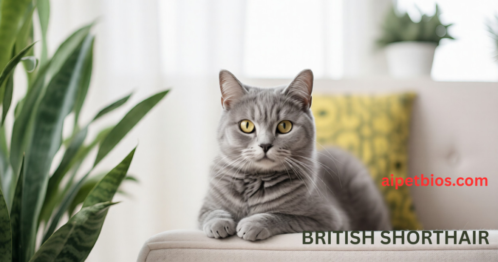 A close-up shot of a solid brown British Shorthair cat with striking orange eyes lying on a soft, light-colored surface. The words "BRITISH SHORTHAIR" are displayed in the upper left in a tan color, with the URL "aipetbios.com" positioned directly underneath in a darker brown.