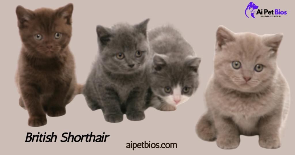 Four British Shorthair kittens in chocolate, grey, bicolor, and lilac coats sit against a neutral background. Black text at the bottom reads "British Shorthair" and "aipetbios.com," with the "Ai Pet Bios" logo in the top right.