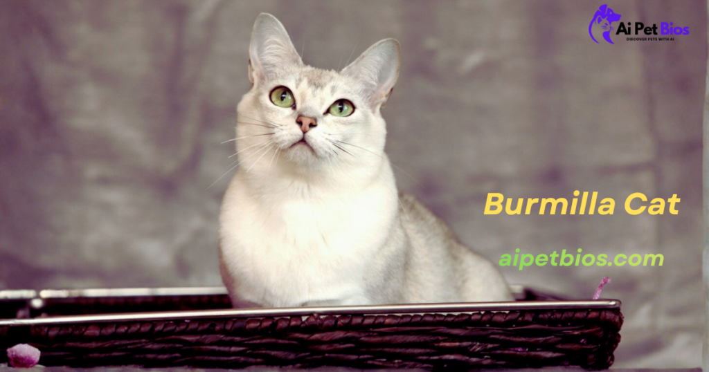 A white and silver Burmilla cat with bright green eyes sitting in a dark woven basket, looking upward against a mottled grey background. Yellow and green text reads: Burmilla Cat aipetbios.com.