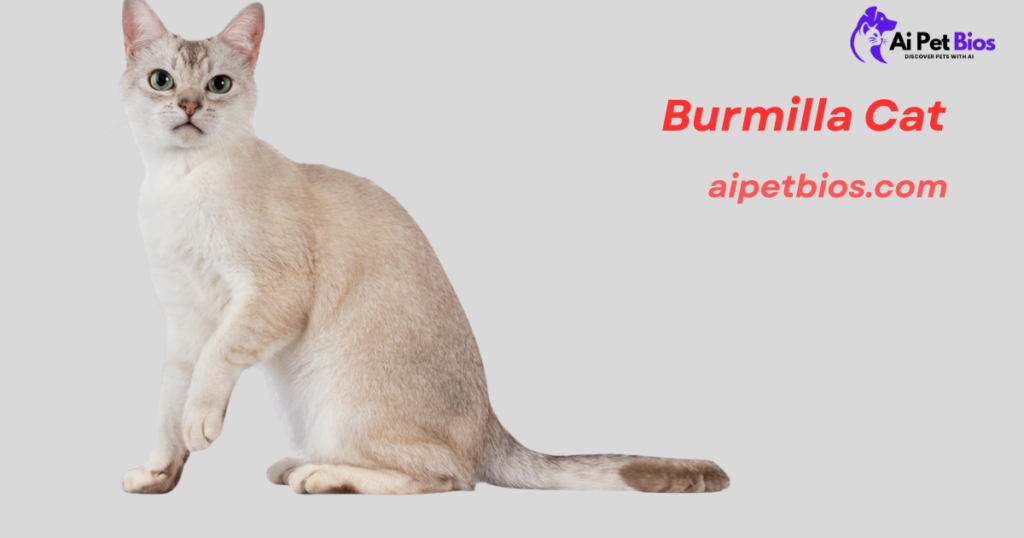 A cream-colored Burmilla cat with green eyes sitting and raising one paw against a plain light grey background. Verbatim text: Burmilla Cat aipetbios.com.