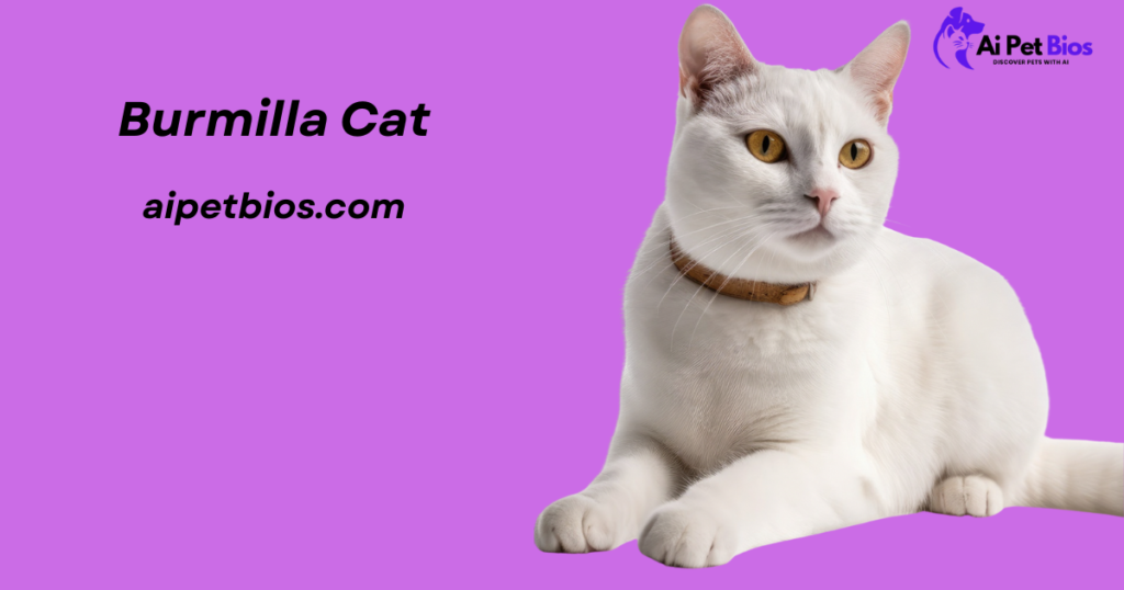 A white Burmilla cat with amber eyes and a brown collar sits against a purple background. Text: Burmilla Cat aipetbios.com.
