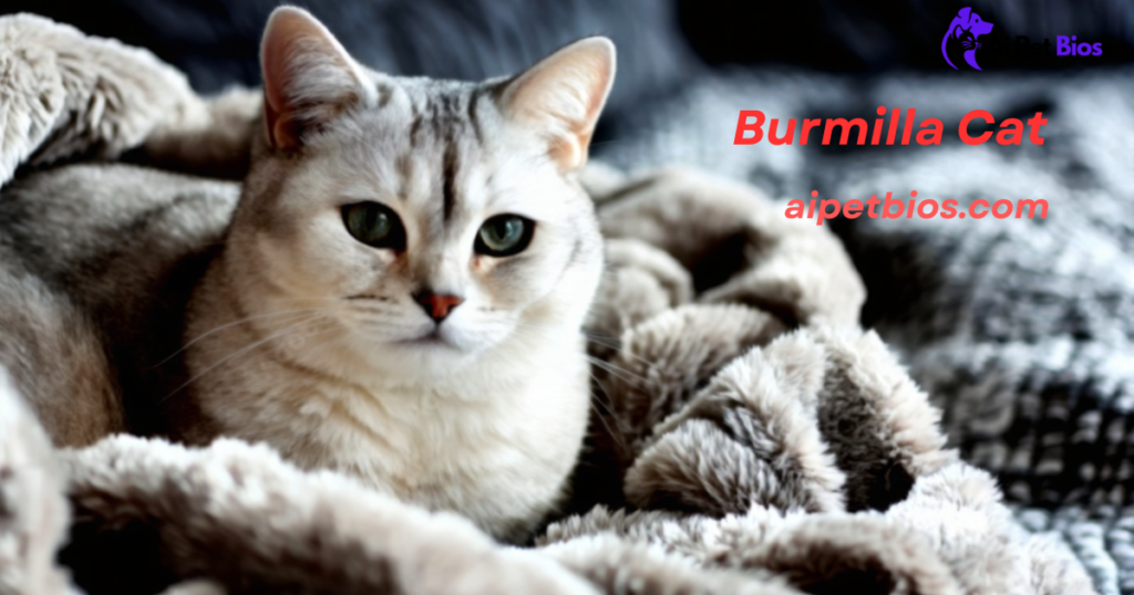 Silver shaded Burmilla cat with green eyes nestled in a fluffy grey blanket. Text: Burmilla Cat aipetbios.com.