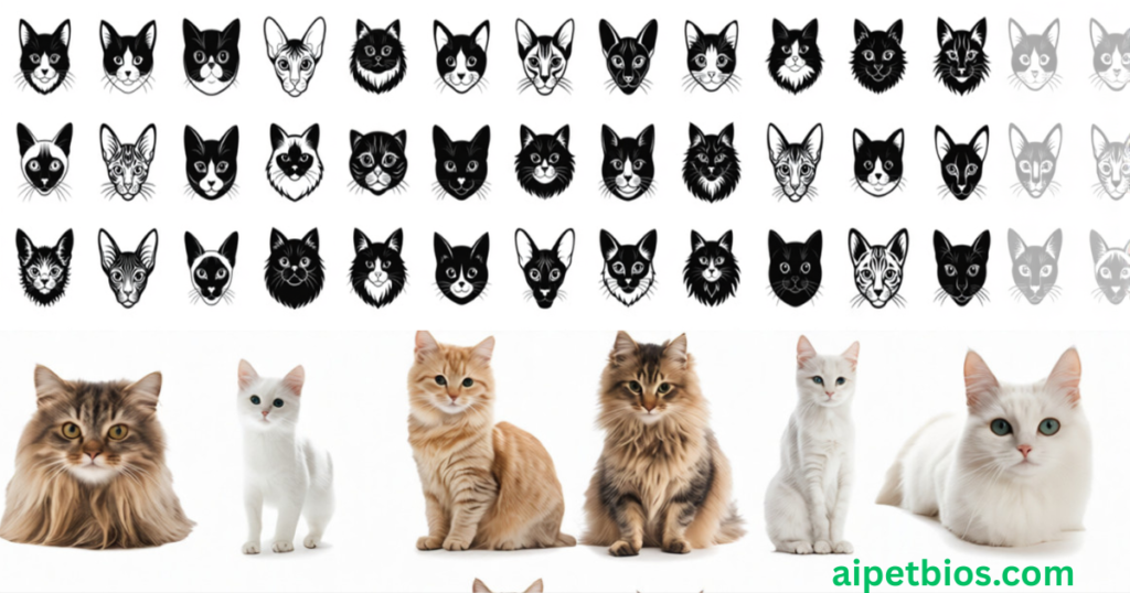 A two-part graphic featuring cat breeds. The top section displays three rows of black-and-white minimalist line art icons showing various cat face shapes and patterns. The bottom section features high-resolution, realistic photographs of six long-haired cats in shades of white, ginger, and tabby brown, all posed against a solid white background.