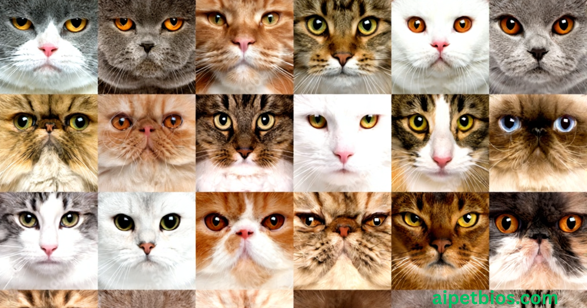 A grid of 18 close-up photos showing the faces of different cat breeds, displaying a wide variety of fur colors, patterns, and striking eye colors.